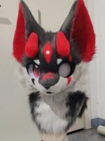 Red Black Wolf Kemono Fursuit Head with Large Ears and Anime Eyes - Image 2