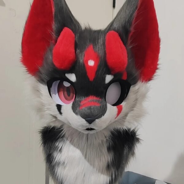 Red Black Wolf Kemono Fursuit Head with Large Ears and Anime Eyes