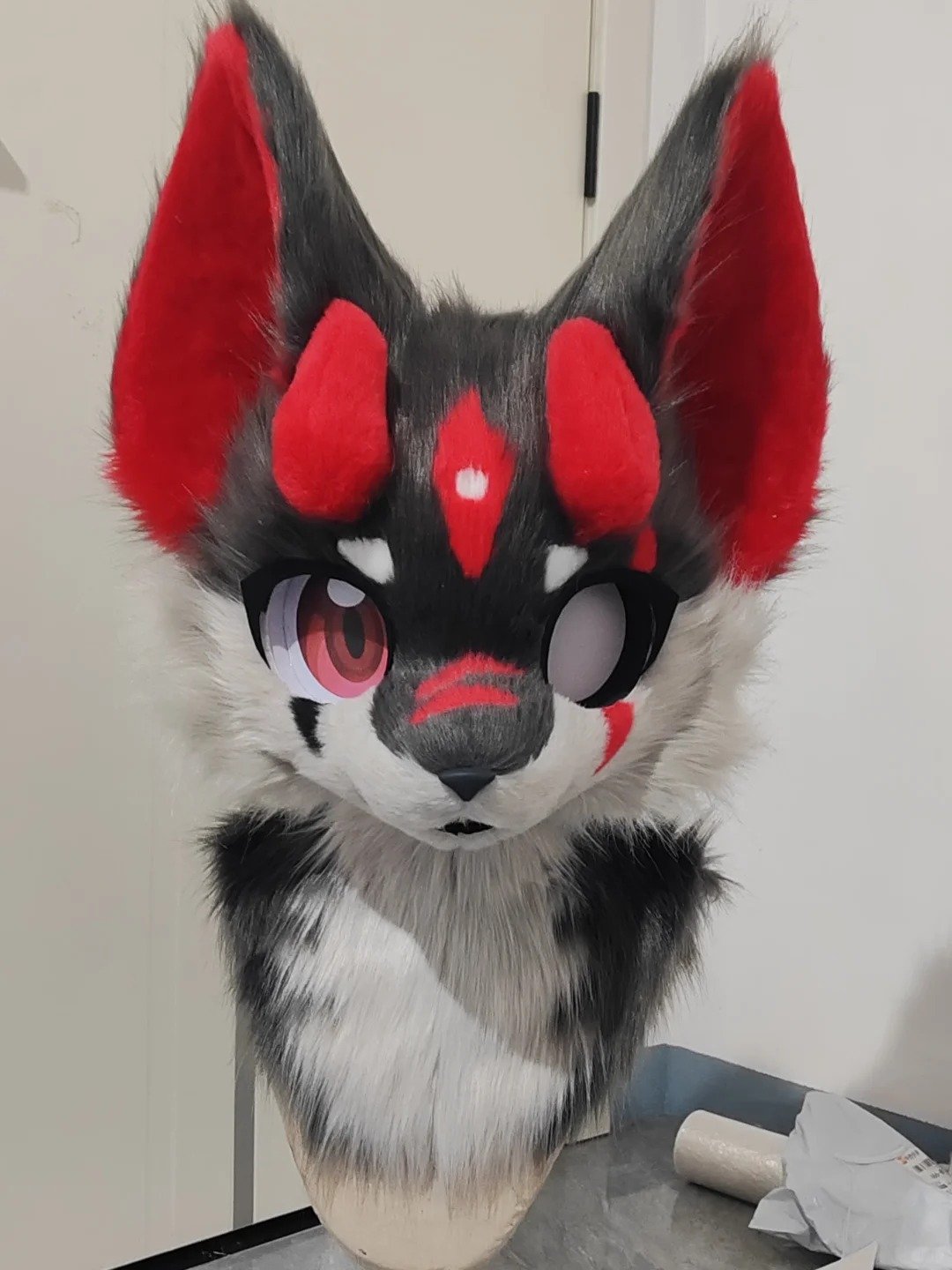 Red Black Wolf Kemono Fursuit Head with Large Ears and Anime Eyes Red Black Wolf Kemono Fursuit Head with Large Ears and Anime Eyes - Image 1